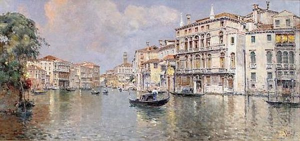 Venetian Canal View Oil Painting by Antonio Maria de Reyna Manescau