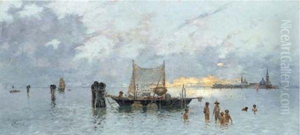 Young Boys Bathing In A Venetian Lagoon Oil Painting by Antonio Maria de Reyna Manescau