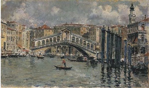 Venezia, Ponte Di Rialto Oil Painting by Antonio Maria de Reyna Manescau