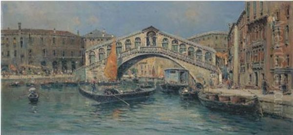 Venezia Al Ponte Di Rialto Oil Painting by Antonio Maria de Reyna Manescau