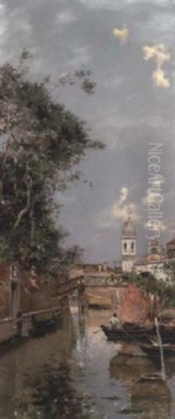 On A Venetian Backwater Oil Painting by Antonio Maria de Reyna Manescau