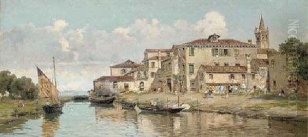 Bragozzi Chiogiotti In The Venetian Lagoon Oil Painting by Antonio Maria de Reyna Manescau