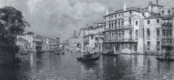 Venetian Canal View Oil Painting by Antonio Maria de Reyna Manescau