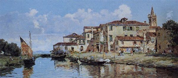 Gondolas Along The Canal Oil Painting by Antonio Maria de Reyna Manescau