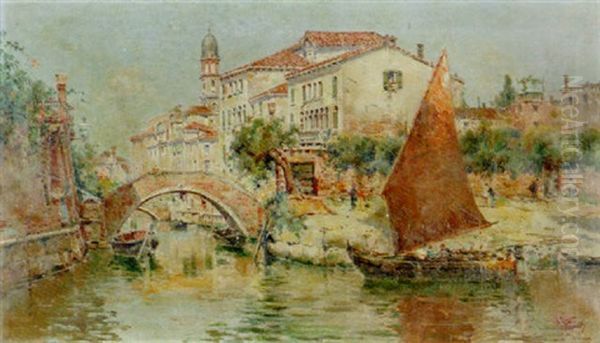 A Tranquil Canal Oil Painting by Antonio Maria de Reyna Manescau