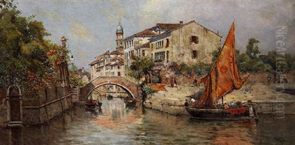 A Venetian Canal Oil Painting by Antonio Maria de Reyna Manescau