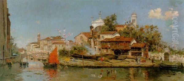 A Venetian Backwater Oil Painting by Antonio Maria de Reyna Manescau