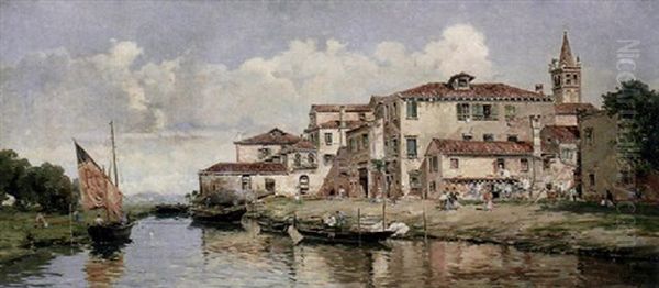 A Venetian Canal Scene Oil Painting by Antonio Maria de Reyna Manescau