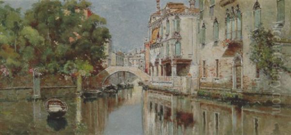 A Venetian Canal Oil Painting by Antonio Maria de Reyna Manescau