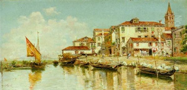 A Venetian Village Oil Painting by Antonio Maria de Reyna Manescau