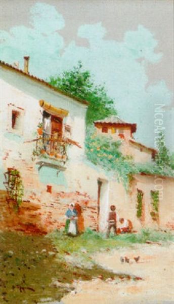 A Village Street Oil Painting by Antonio Maria de Reyna Manescau