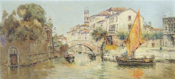 A Tranquil Canal Oil Painting by Antonio Maria de Reyna Manescau