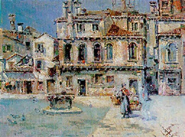 Campiello A Venezia Oil Painting by Antonio Maria de Reyna Manescau