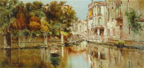 A Venetian Backwater Oil Painting by Antonio Maria de Reyna Manescau