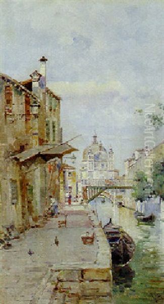 A Back Canal In Venice With A View Of Santa Maria Della Salute In The Distance by Antonio Maria de Reyna Manescau