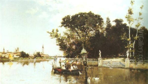 A Party In A Gondola On The Venetian Lagoon by Antonio Maria de Reyna Manescau