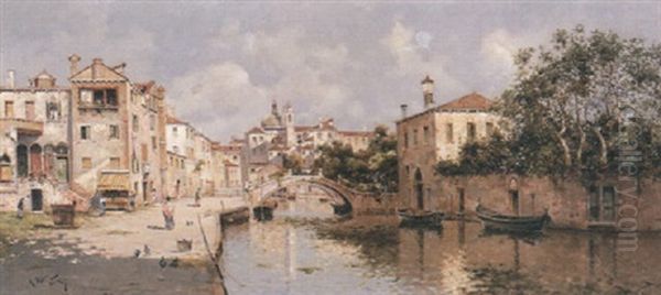 Venetian Canal Oil Painting by Antonio Maria de Reyna Manescau