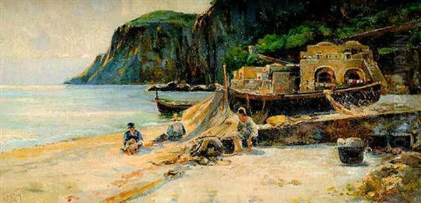 Costa De Amalfi, Cosiendo Redes Oil Painting by Antonio Maria de Reyna Manescau