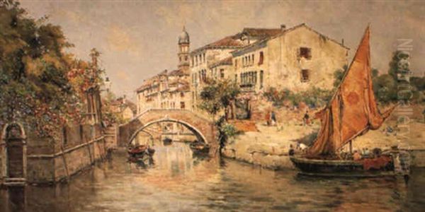 Mooring The Sailing Vessel In A Canal, Venice Oil Painting by Antonio Maria de Reyna Manescau