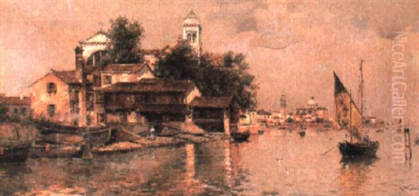 A Boatyard, Venice Oil Painting by Antonio Maria de Reyna Manescau