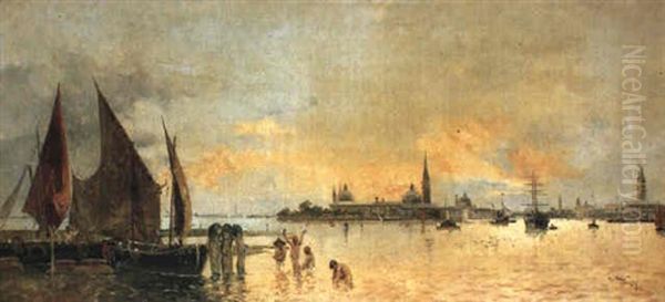 Bathers In The Venetian Lagoon Oil Painting by Antonio Maria de Reyna Manescau