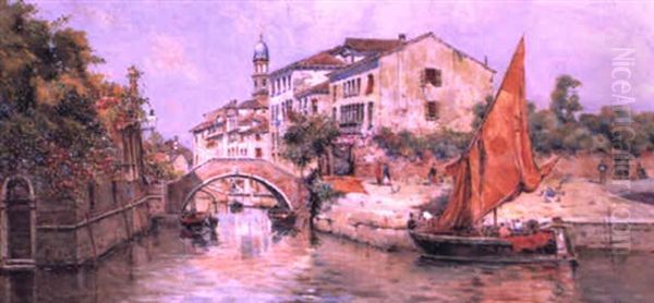 Fishing Boat On A Venetian Canal Oil Painting by Antonio Maria de Reyna Manescau