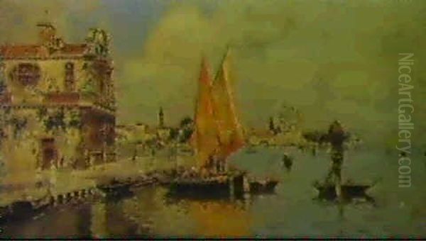 A View Of The Venetian Lagoon Oil Painting by Antonio Maria de Reyna Manescau