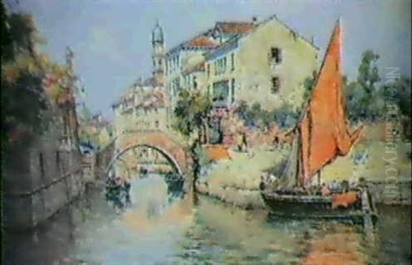 Venetian Canal Oil Painting by Antonio Maria de Reyna Manescau