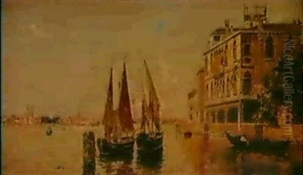 Veduta Lagunare Con Barche Oil Painting by Antonio Maria de Reyna Manescau