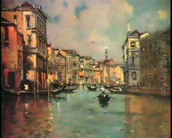 Riva Degli Schiavoni, With La Salute And The Dogana, Venice;and The Grand Canal Looking Towards The Rialto, Bridge Oil Painting by Antonio Maria de Reyna Manescau