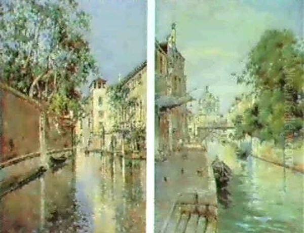 A Venetian Backwater;a View Of A Canal Oil Painting by Antonio Maria de Reyna Manescau