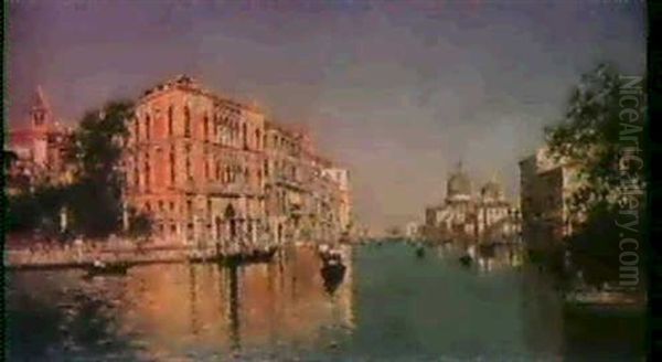 View Of The Canal Grande, Venice In Summer; The Palazzo     Grimani To The Left And The Salute In The Background... Oil Painting by Antonio Maria de Reyna Manescau