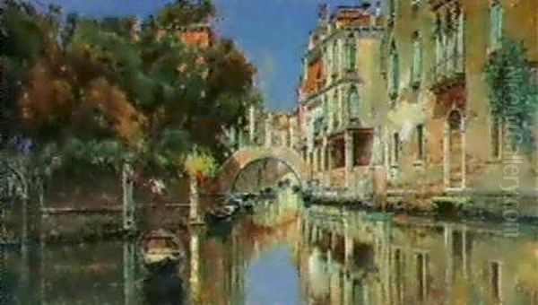 A Sunlit Canal,venice Oil Painting by Antonio Maria de Reyna Manescau