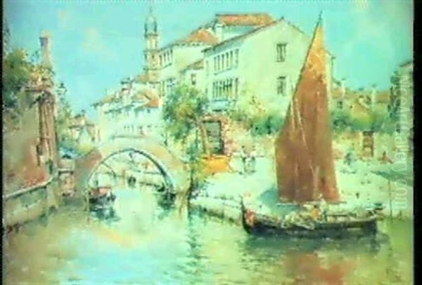 Venetian Canal Scenes, Two Paintings Oil Painting by Antonio Maria de Reyna Manescau