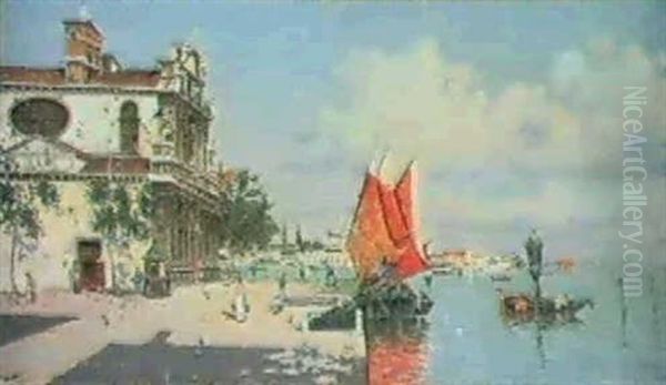 Sailboats On A Venetian Canal Oil Painting by Antonio Maria de Reyna Manescau