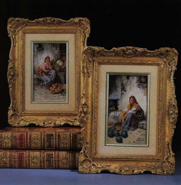 Marktfrau (+ Another; Pair) Oil Painting by Francois Maurice Reynaud