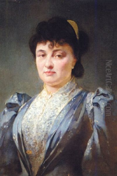 Portrait Of A Lady In A Blue Dress With White Lace Trim Oil Painting by Francois Maurice Reynaud