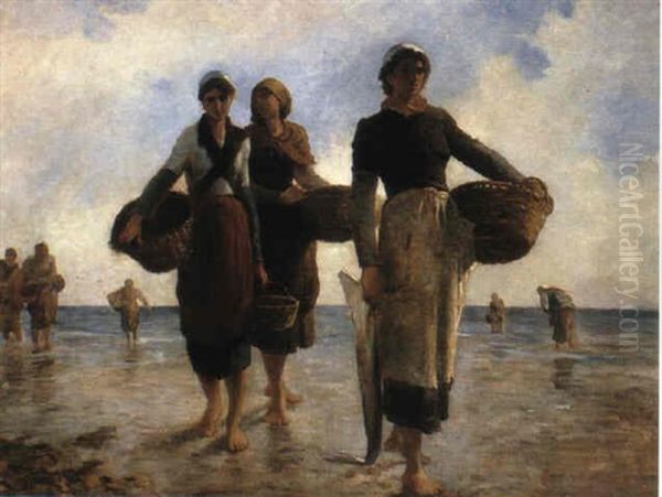 Fisherwomen On A Beach Oil Painting by Francois Maurice Reynaud