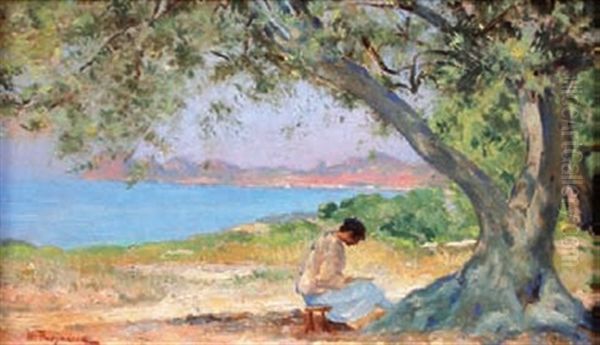 Jeune Femme Lisant Sur La Plage Oil Painting by Marius Reynaud