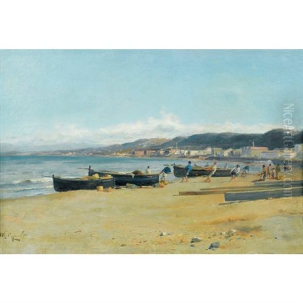 Vue Du Quartier De La Gare De L'agfa, Prise De La Plage De Tivoli, Alger Oil Painting by Marius Reynaud