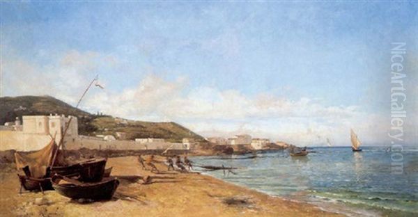 Am Strand Von Mattares, Algier, Mit Blick Auf Notre-dame D'afrique Oil Painting by Marius Reynaud