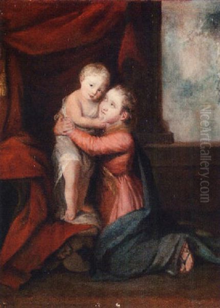 Portrait Of Frances Johnson Kneeling In A Red Dress With Blue Rap, Clasping Her Infant Cousin Master Gwatkin, In Classical Dress, On A Terrace Oil Painting by Frances Reynolds