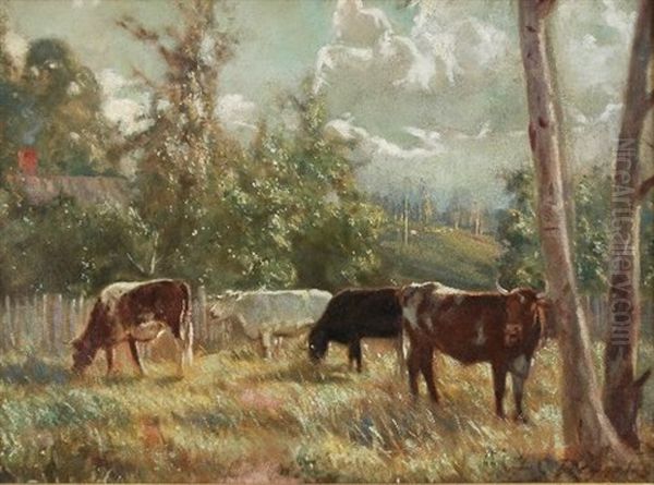 Landscape With Cows & Silver Clouds Oil Painting by Frederick George Reynolds