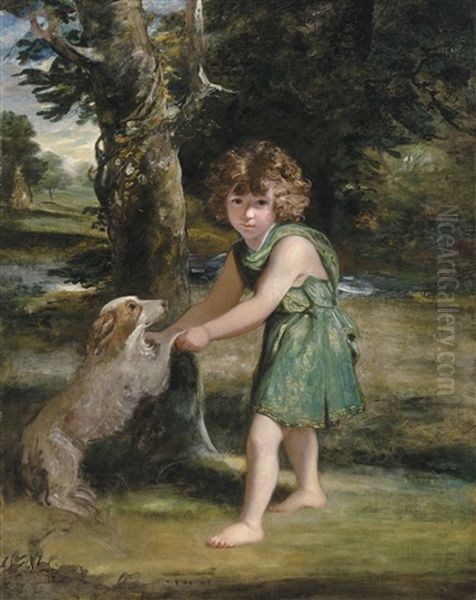 Portrait Of The Hon. John Tufton (1773-1799), Full-length, In Green Classical Dress, Playing With A Spaniel In A Landscape Oil Painting by Joshua Reynolds