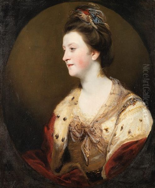 Portrait Of Emily Mary, Duchess Of Leinster, Bust-length, In A Pink Dress And Ermine Shawl, Within A Painted Oval Oil Painting by Joshua Reynolds