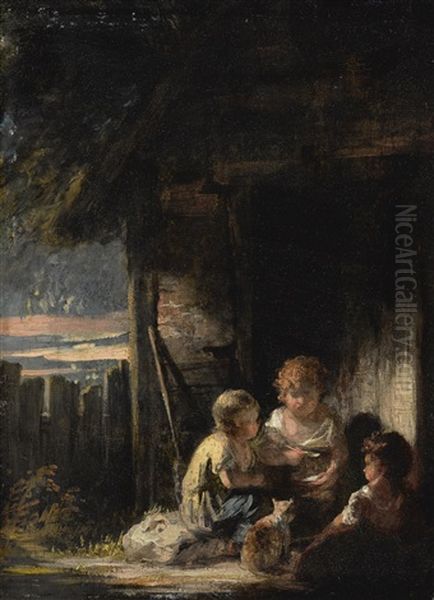 Three Children Outside A Cottage Door With A Cat Oil Painting by Joshua Reynolds