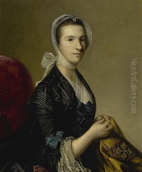 Portrait Of Mrs. Jubb, Half Length, Embroidering A Tapestry Oil Painting by Joshua Reynolds