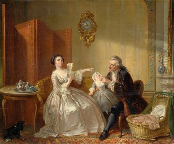 A Family In An Interior Oil Painting by Henricus Engelbert Reyntjens