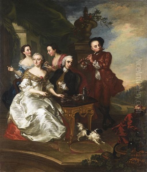 Personnages Buvant Du Chocolat Dans Un Jardin Oil Painting by Petrus Johannes van Reysschoot