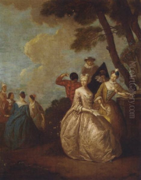 A Fete Champetre With Ladies By A Tree And Figures From The Commedia Dell'arte Oil Painting by Petrus Johannes van Reysschoot